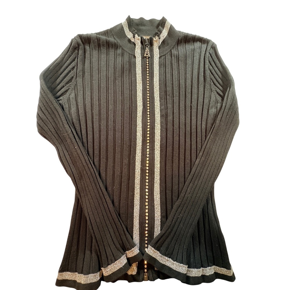 Camille La Vie Zip Front Cardigan Women Large Black Rhinestone Ribbed Knit Lurex